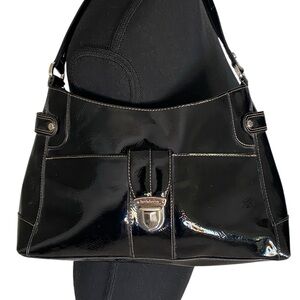 LIZ CLAIBORNE Black Patent Shoulder Bag Handbag Purse *Flaw*